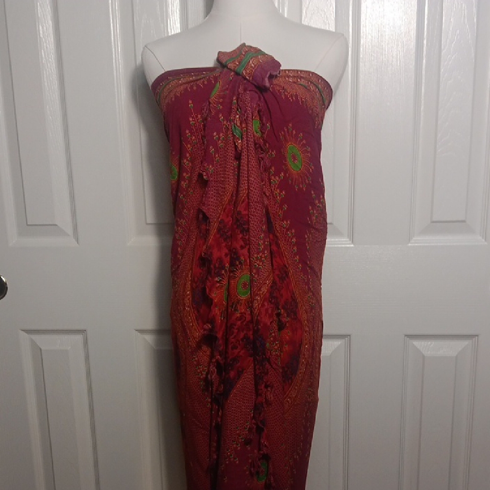 Bohemian Printed Swim Sarong - Rich Burgundy with Green Accents